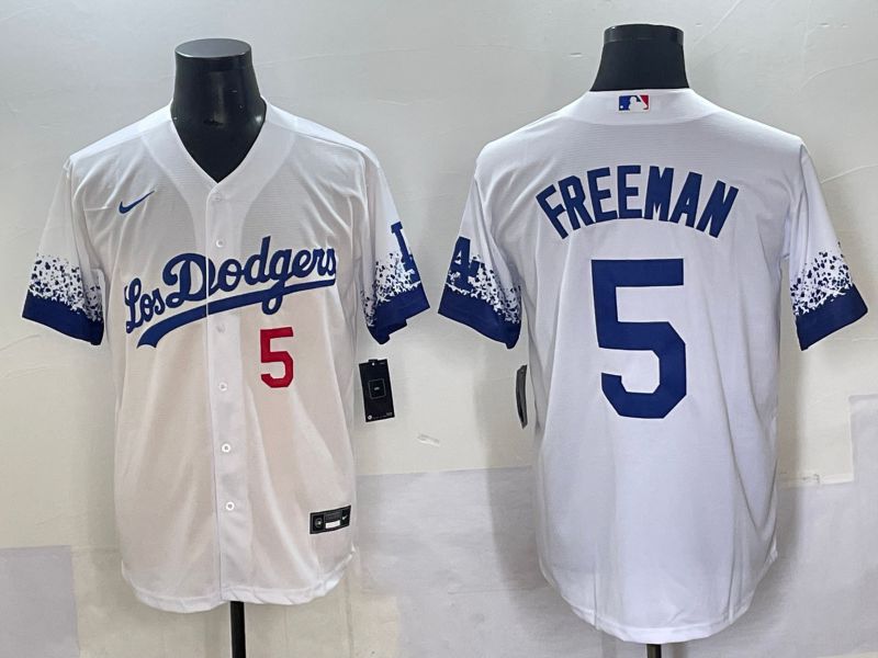 Men Los Angeles Dodgers #5 Freeman White blue City Edition Nike MLB Jersey style 2
